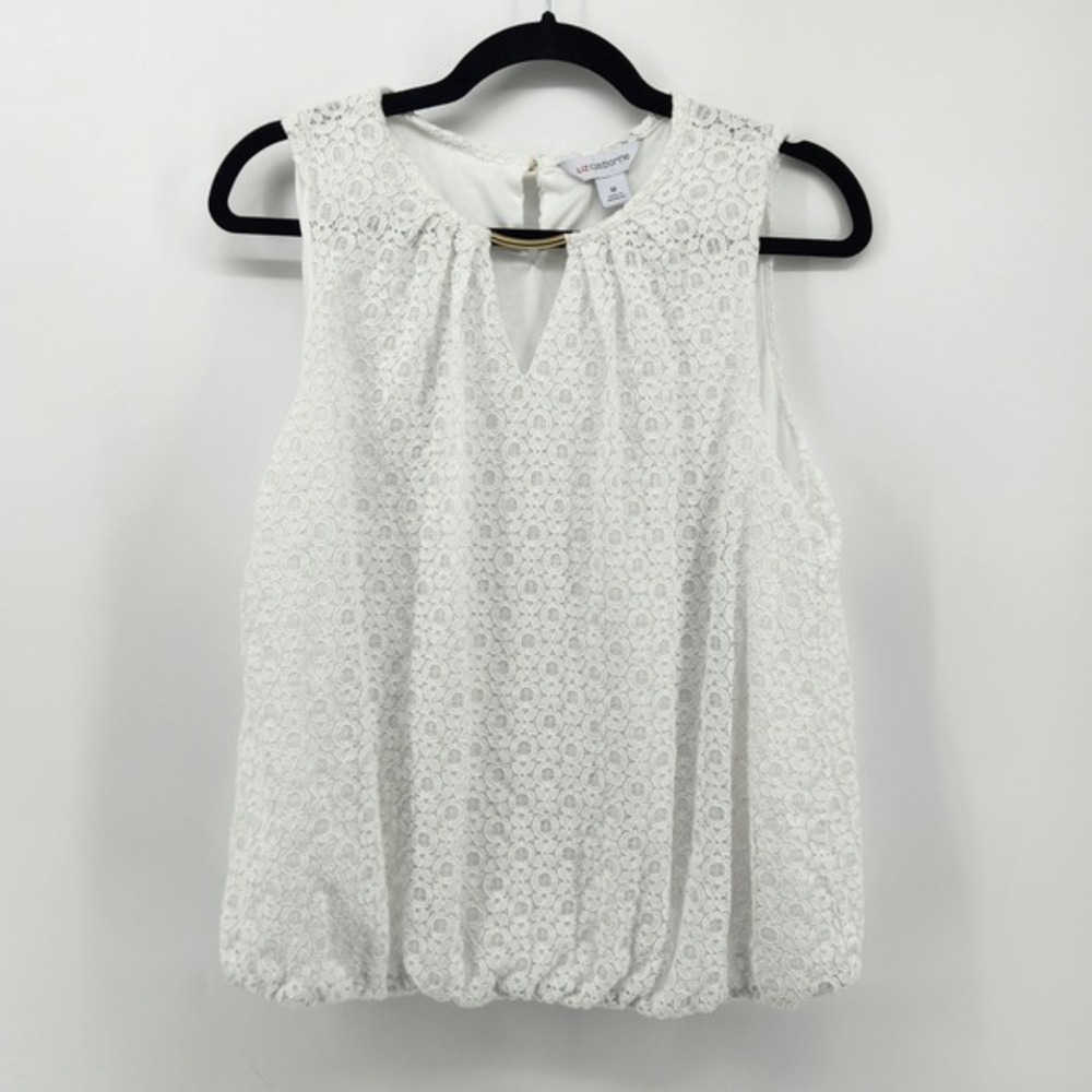 Liz Claiborne White Lace Sleeveless Blouse Top with Gold Detail Size M